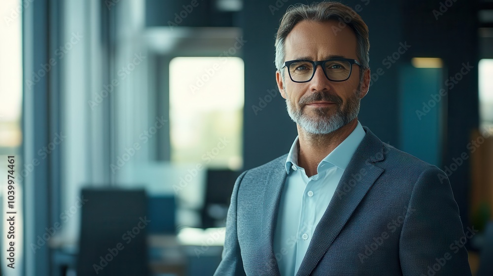 Fototapeta premium businessman portrait in a modern office, exuding confidence and professionalism, using advanced technology to enhance the corporate image