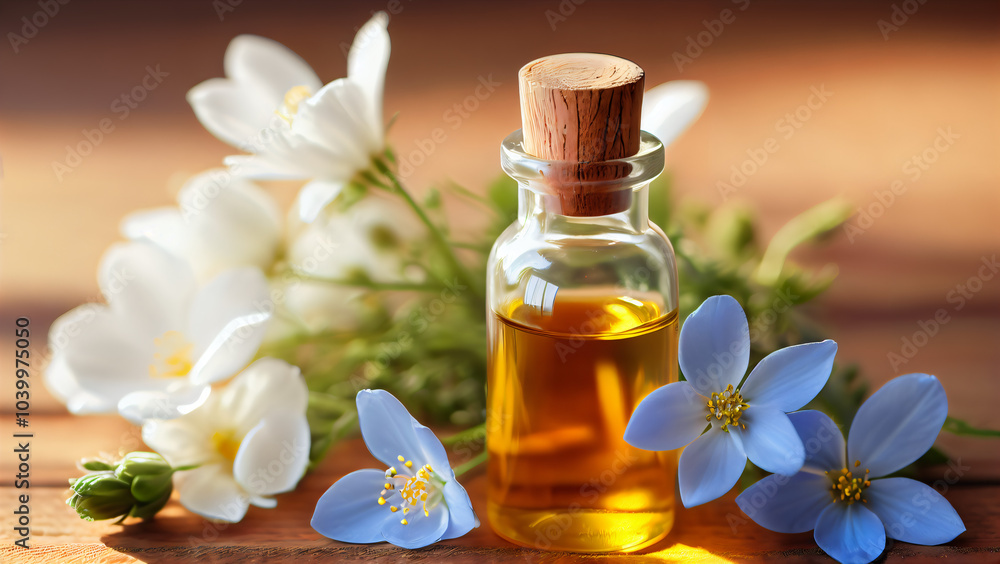 Harmonious Still Life of Nature: Essential Oil in a Glass Bottle with Cork, Surrounded by Vibrant Blue and White Flowers, Exuding Freshness and Natural Beauty for Aromatherapy and Spa Wellness Harmonious Still Life of Nature: Essential Oil in a Glass Bottle with Cork, Surrounded by Vibrant Blue and White Flowers, Exuding Freshness and Natural Beauty for Aromatherapy and Spa Wellness