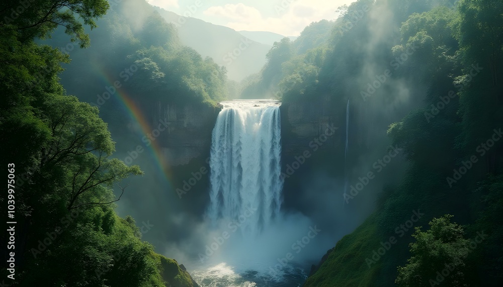 A majestic waterfall cascading down a cliff in a dense jungle, with mist rising and sunlight filtering through the canopy, creating a rainbow effect, landscape photography A majestic waterfall cascading down a cliff in a dense jungle, with mist rising and sunlight filtering through the canopy, creating a rainbow effect, landscape photography