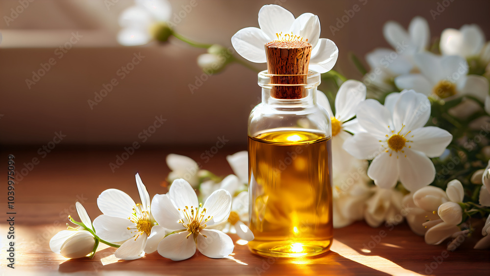 Harmonious Still Life of Nature: Essential Oil in a Glass Bottle with Cork, Surrounded by Vibrant Blue and White Flowers, Exuding Freshness and Natural Beauty for Aromatherapy and Spa Wellness Harmonious Still Life of Nature: Essential Oil in a Glass Bottle with Cork, Surrounded by Vibrant Blue and White Flowers, Exuding Freshness and Natural Beauty for Aromatherapy and Spa Wellness