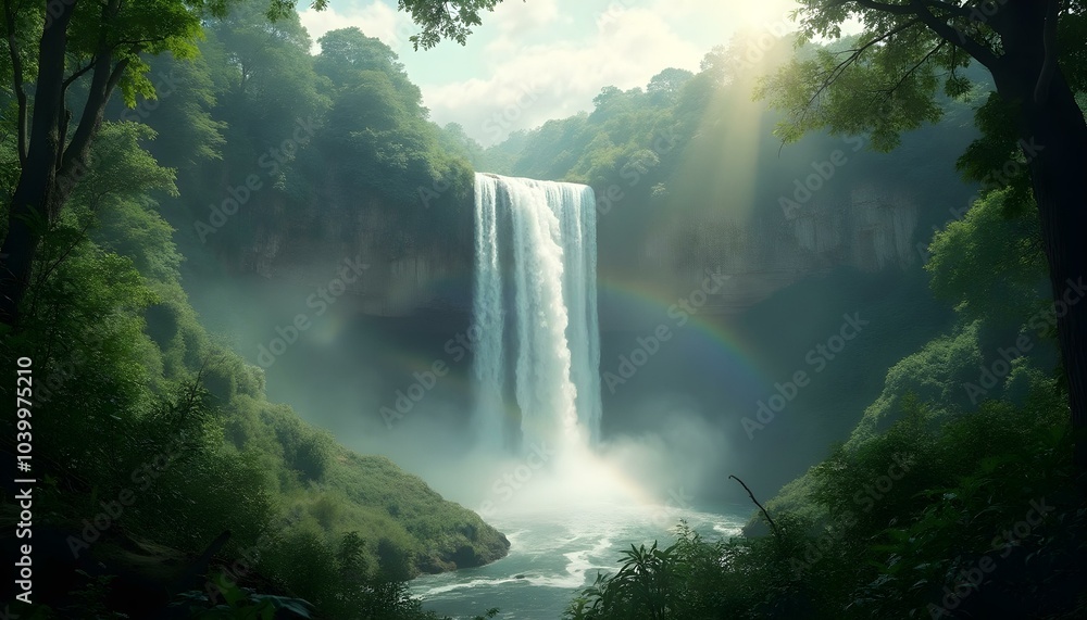 A majestic waterfall cascading down a cliff in a dense jungle, with mist rising and sunlight filtering through the canopy, creating a rainbow effect, landscape photography A majestic waterfall cascading down a cliff in a dense jungle, with mist rising and sunlight filtering through the canopy, creating a rainbow effect, landscape photography