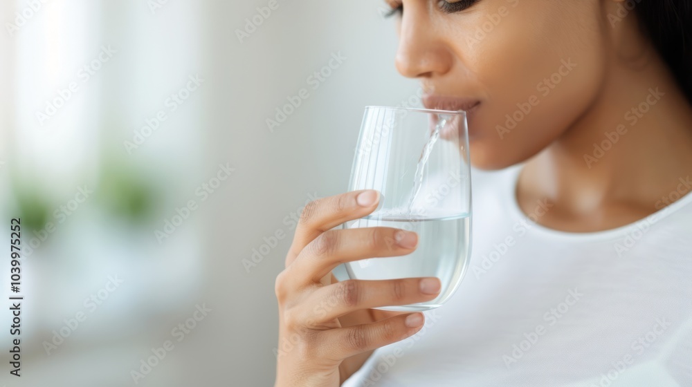 A woman sips water from a glass, focusing on hydration, wellness, and a moment of refreshing calm. A woman sips water from a glass, focusing on hydration, wellness, and a moment of refreshing calm.