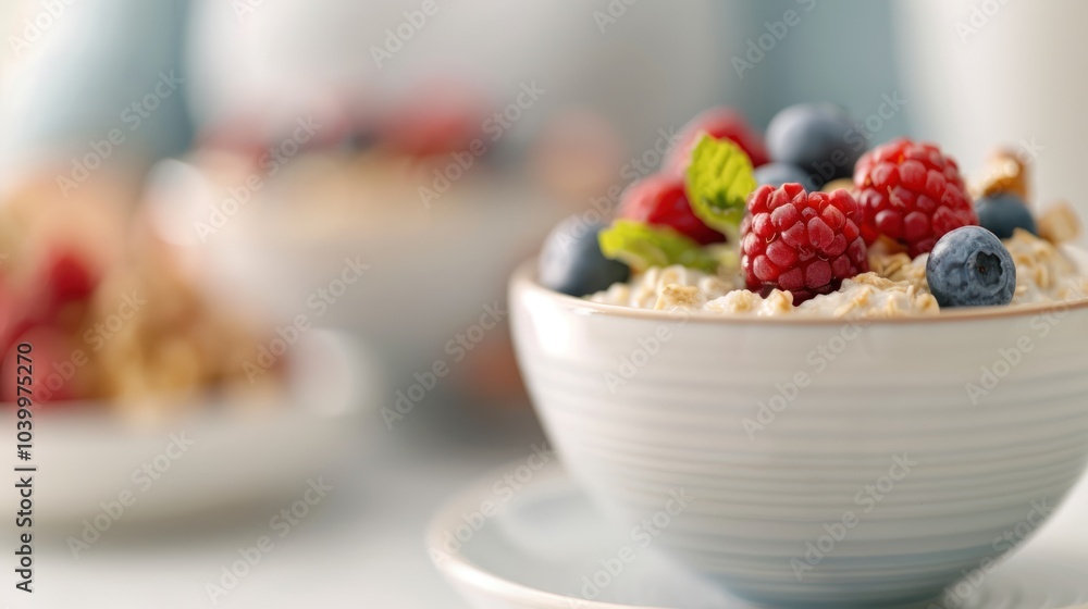 A bowl of oatmeal topped with fresh berries, creating a vibrant and healthy breakfast option, served in a light and inviting setting. A bowl of oatmeal topped with fresh berries, creating a vibrant and healthy breakfast option, served in a light and inviting setting.