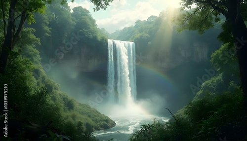 A majestic waterfall cascading down a cliff in a dense jungle, with mist rising and sunlight filtering through the canopy, creating a rainbow effect, landscape photography