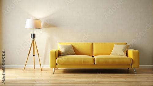 Close-up yellow sofa with floor lamp and side table