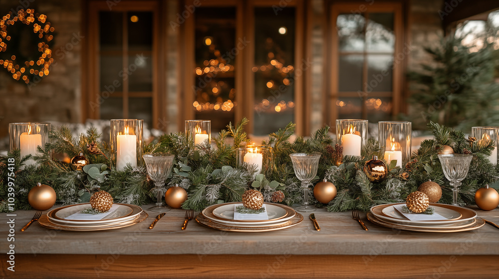 Christmas table setting with candles and ornaments on wooden table. Christmas table setting with candles and ornaments on wooden table.