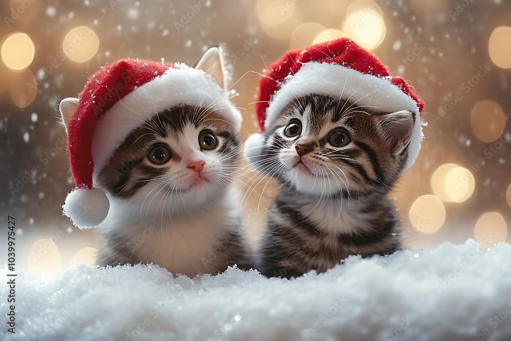 Two adorable kittens in Santa hats on a snowy Christmas background Two adorable kittens in Santa hats on a snowy Christmas background