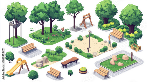 Isometric 3d illustration park trees forest nature elements flat design background for landscape design. Vector isolated for a city map, games, and your town.