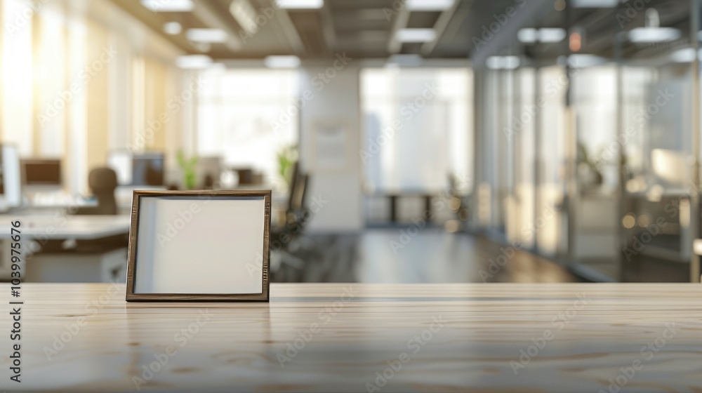 Empty frame desk office. A wooden frame sits on a desk in a modern office setting. The background is blurred, leaving space for your message or product. Empty frame desk office. A wooden frame sits on a desk in a modern office setting. The background is blurred, leaving space for your message or product.