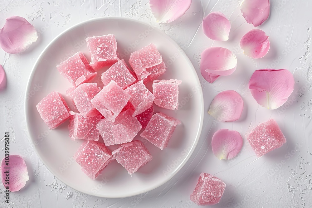 An overhead and up-close view of a rose Turkish delight served on a white plate with plenty of space for text or background elements, Generative AI. An overhead and up-close view of a rose Turkish delight served on a white plate with plenty of space for text or background elements, Generative AI.