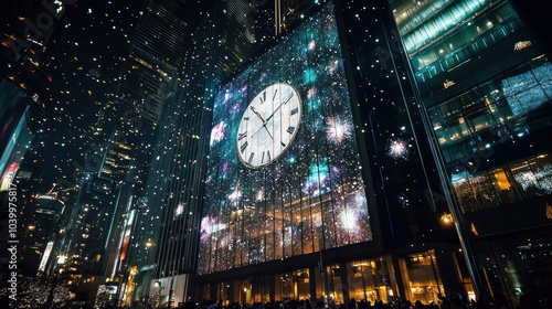 A minimalist countdown clock projected onto a city building, surrounded by glittering lights and bustling crowds, marking the final moments of the year in an urban New Year's Eve celebration