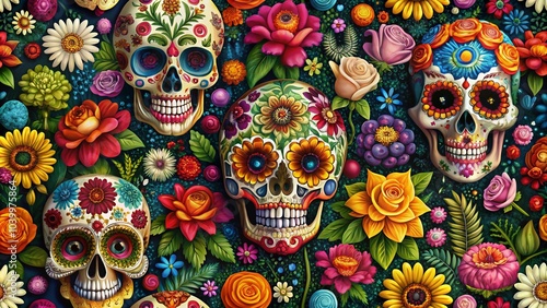 Floral Sugar Skulls Pattern for Day of the Dead Celebration - Vibrant and Colorful Illustration