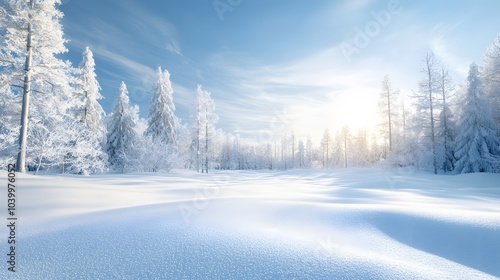 Panoramic pristine snow-covered landscape with a vast white field, crisp blue sky, wispy clouds, bright sunlight, and frost-covered trees, creating a serene winter wonderland. photo