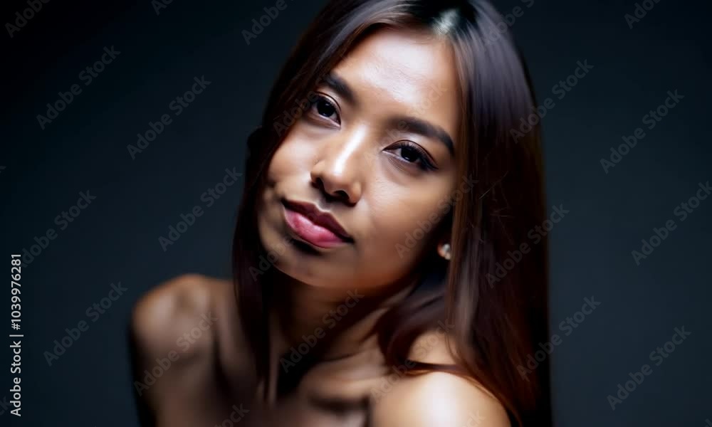 asiatic Young woman posing showing bare shoulders on dark background asiatic Young woman posing showing bare shoulders on dark background