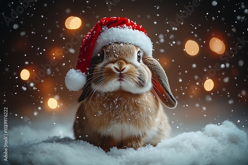 A cute bunny wearing a Santa hat enjoys the snowy Christmas atmosphere