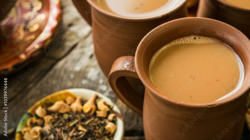 Mug of tea is sitting on a table next to a bowl of tea leaves Mug of tea is sitting on a table next to a bowl of tea leaves