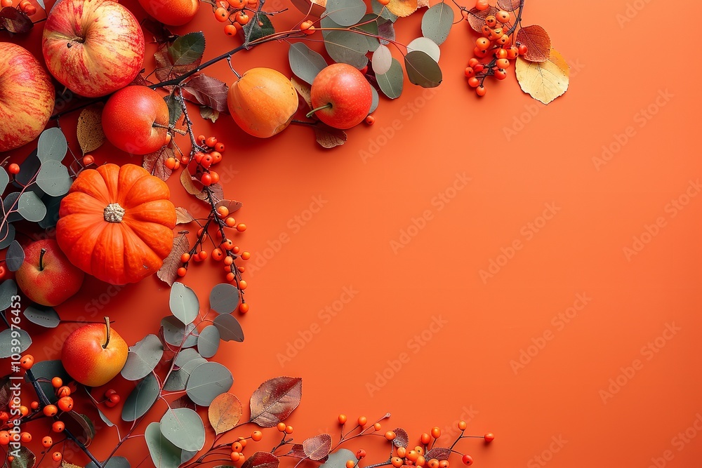 Fototapeta premium A&nbsp;gorgeous top view with writing space and an autumnal scene with flowers and pumpkins on a studio-style&nbsp;clean orange backdrop, Generative AI.