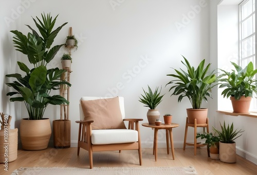 A cozy living room with a wooden armchair, potted plants, and decorative vases on a wooden floor against a white wall.