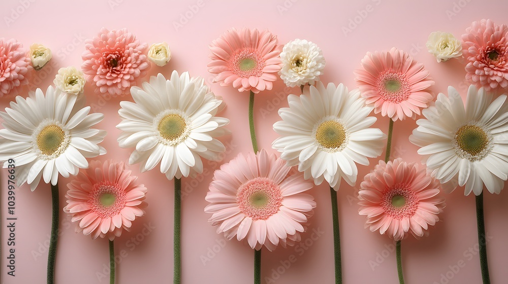 Flat lay arrangement of white and pink daisies and gerberas on a light pink background, featuring soft pastel colors, floral borders, and delicate petals for a romantic spring aesthetic. Flat lay arrangement of white and pink daisies and gerberas on a light pink background, featuring soft pastel colors, floral borders, and delicate petals for a romantic spring aesthetic.