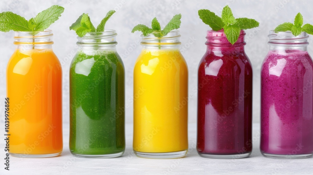 A vibrant selection of colorful smoothies in glass bottles, each topped with fresh mint, showcasing a variety of flavors and healthy ingredients. A vibrant selection of colorful smoothies in glass bottles, each topped with fresh mint, showcasing a variety of flavors and healthy ingredients.