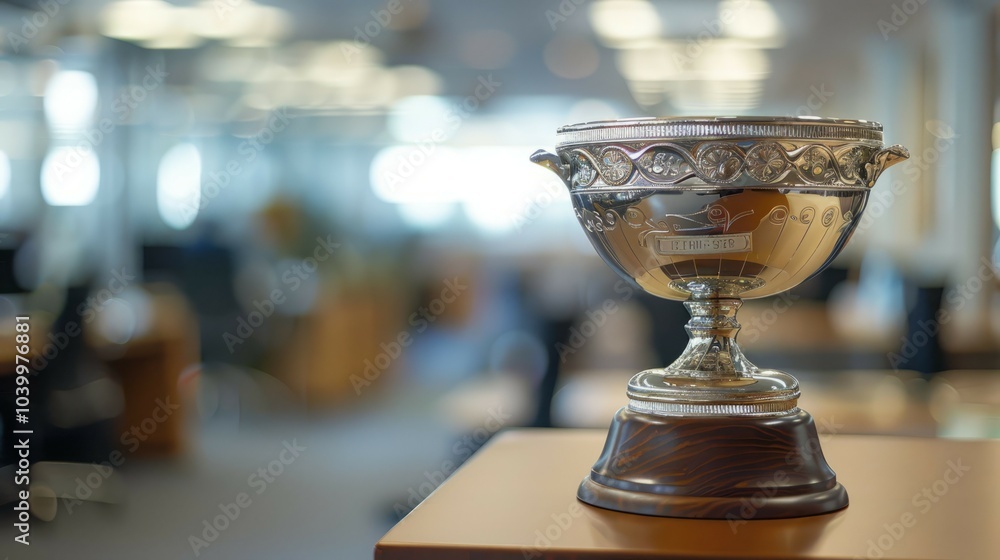 Silver trophy on table. A silver trophy with intricate details sits on a wooden table in a modern office setting, symbolizing achievement and success. Silver trophy on table. A silver trophy with intricate details sits on a wooden table in a modern office setting, symbolizing achievement and success.