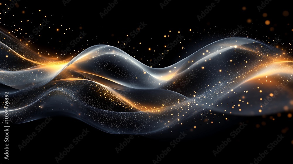 Obraz premium A dynamic composition of glowing, swirling light trails intertwined with particles of golden light, forming an abstract yet cohesive pattern on a black canvas