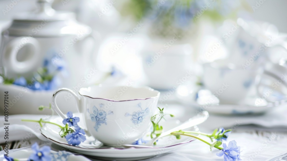 White tea set with a blue flower design on the cup White tea set with a blue flower design on the cup