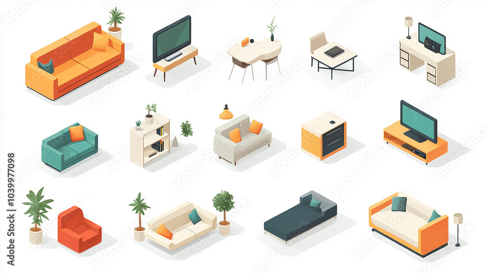 Vector isometric home rooms set. Rooms cross sections. Bedroom, living room, kitchen, home office, dining room. Furniture and decoration. Modern and classic interior flat designs.