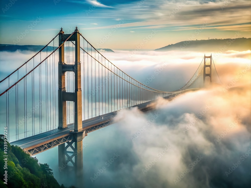 Fototapeta premium Foggy Bridge Landscape - Majestic Structure Disappearing into Misty Envelopment for Serene Nature Photography