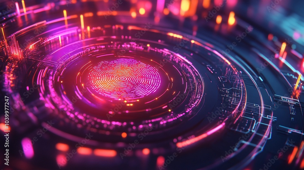 A glowing fingerprint scan interface with dynamic layers of security shields and encrypted data streams in bright, vibrant colors, symbolizing the future of privacy and data protection A glowing fingerprint scan interface with dynamic layers of security shields and encrypted data streams in bright, vibrant colors, symbolizing the future of privacy and data protection