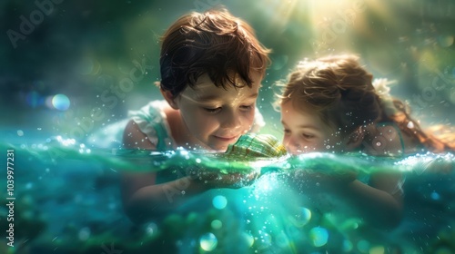 Two children explore a vibrant underwater scene, captivated by a glowing object, surrounded by shimmering water and soft light.