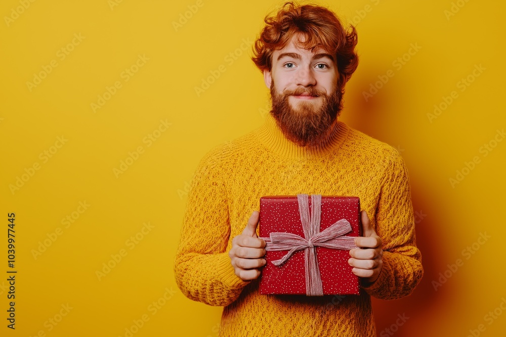 A man with a beard is holding a red box with a bow on it. He is smiling and looking at the camera A man with a beard is holding a red box with a bow on it. He is smiling and looking at the camera