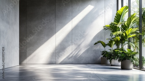 Minimalist lobby with smooth concrete textures, indoor greenery, and a glass facade for natural light.