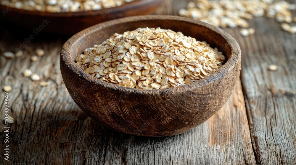 Organic oat flakes in a rustic wooden bowl on a wooden surface. Organic oat flakes in a rustic wooden bowl on a wooden surface.