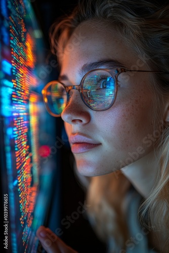 In the office at night, a woman works on a tablet, interface, or hologram, working on futuristic technology or code overlays.