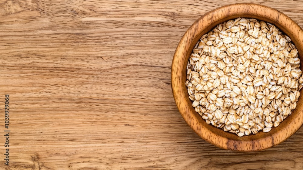 Oats in a wooden bowl on a rustic wooden table Oats in a wooden bowl on a rustic wooden table