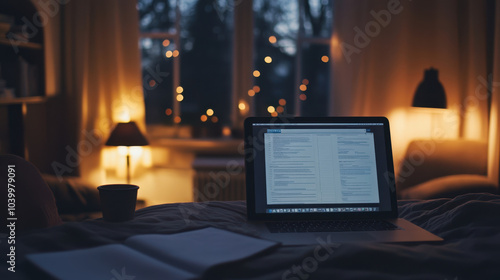 Wallpaper Mural cozy evening scene featuring laptop displaying work documents, surrounded by warm lighting and peaceful atmosphere. soft glow from lamps and window creates serene workspace Torontodigital.ca