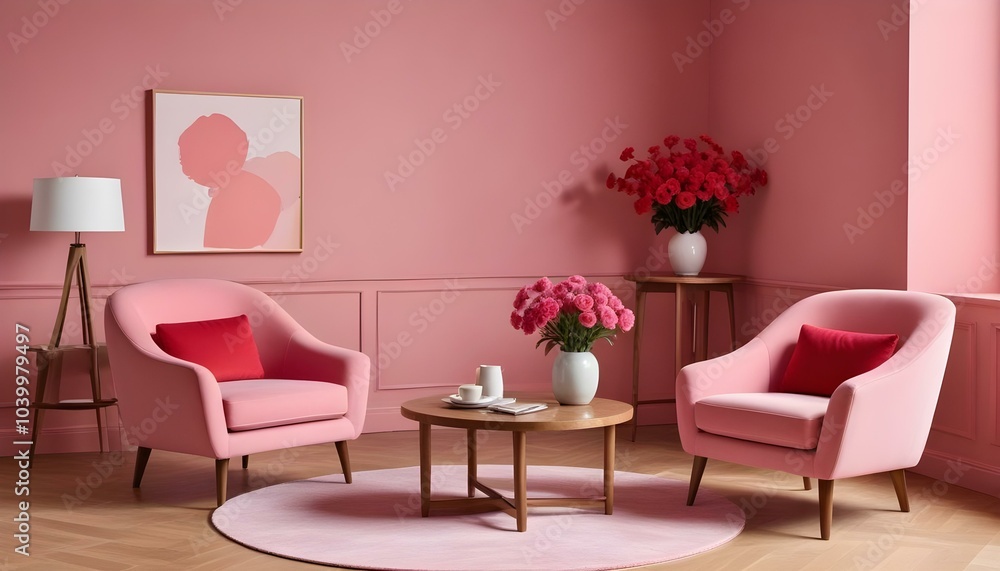 A modern living room with pink walls , two pink armchairs , a round wooden coffee table , and a vase of red flowers on the table. A modern living room with pink walls , two pink armchairs , a round wooden coffee table , and a vase of red flowers on the table.