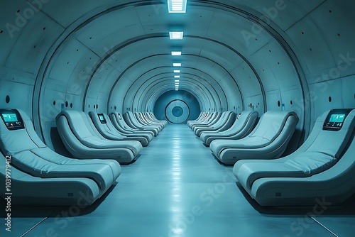 Futuristic tunnel interior with rows of empty chairs and blue lighting