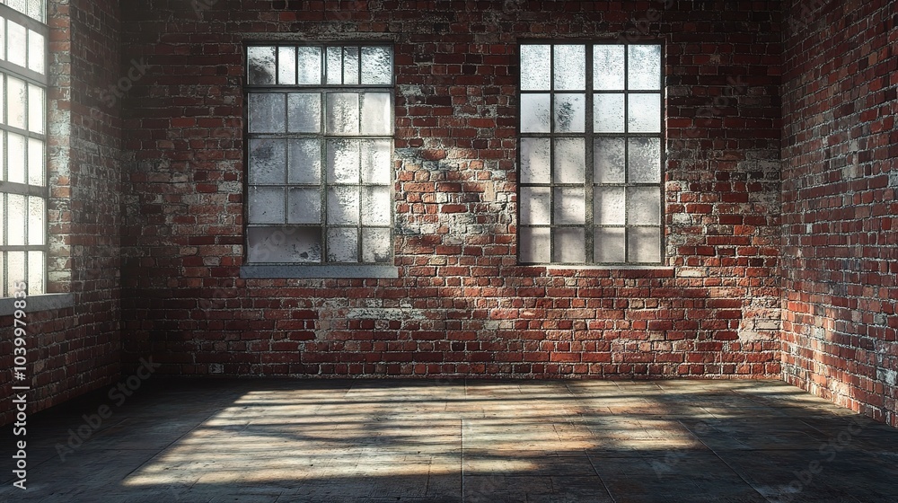 Sunlit Empty Room with Brick Wall and Windows Sunlit Empty Room with Brick Wall and Windows