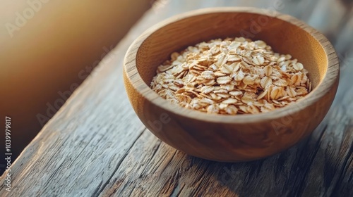 Oats in a wooden bowl, rustic setting with soft natural lighting.