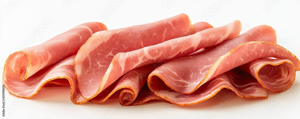 Sliced cured ham, elegantly arranged on a white isolate background. Sliced cured ham, elegantly arranged on a white isolate background.