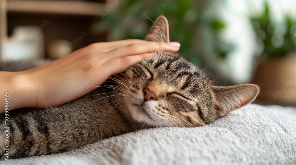 Pampering Pet: Cat Relaxing in Massage Therapy Session with Owner on Soft Background - Copy Space for Text, Pet Wellness Pampering Pet: Cat Relaxing in Massage Therapy Session with Owner on Soft Background - Copy Space for Text, Pet Wellness