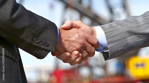 Two executives shaking hands in front of an oil rig. Cooperation, agreement, oil industry, oil well,business, energy, globalization, investment, development, leadership, International, Trading photo