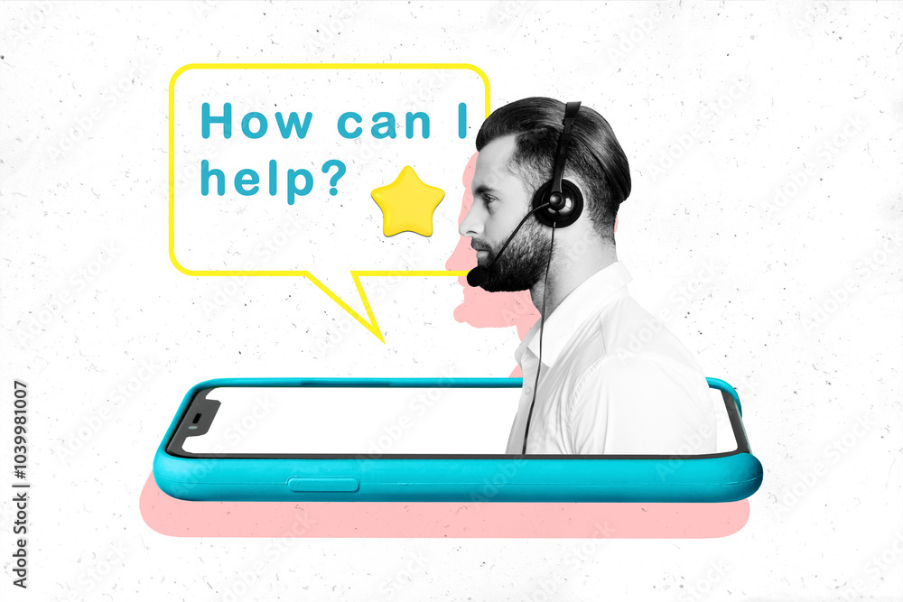 Φωτογραφία Composite photo collage of serious man dispatcher wear headphone peek phone scre