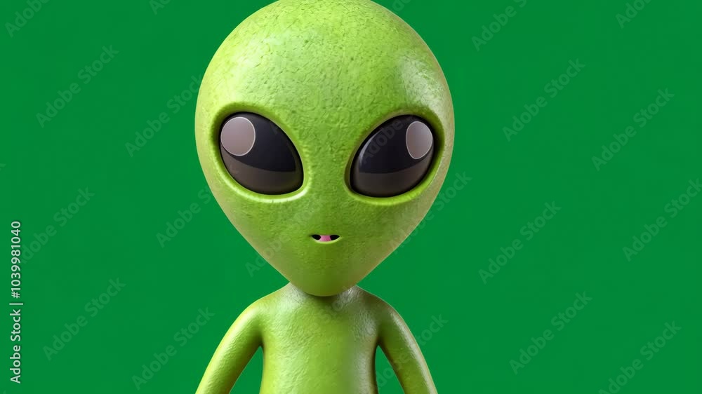Alien character model on a green background showcasing unique features. Green screen.