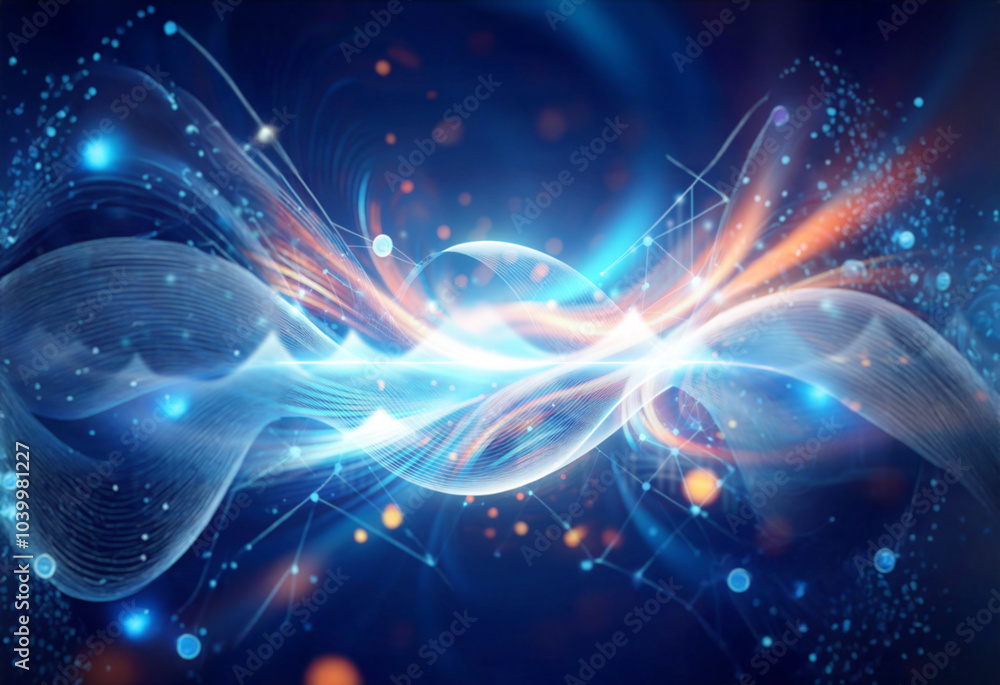 Abstract background with glowing blue and orange lines and bokeh. Abstract background with glowing blue and orange lines and bokeh.