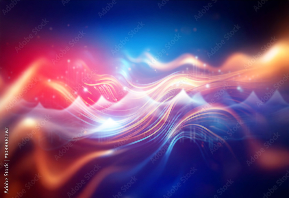 Abstract digital art of glowing blue and orange lines forming waves on a dark background. Abstract digital art of glowing blue and orange lines forming waves on a dark background.