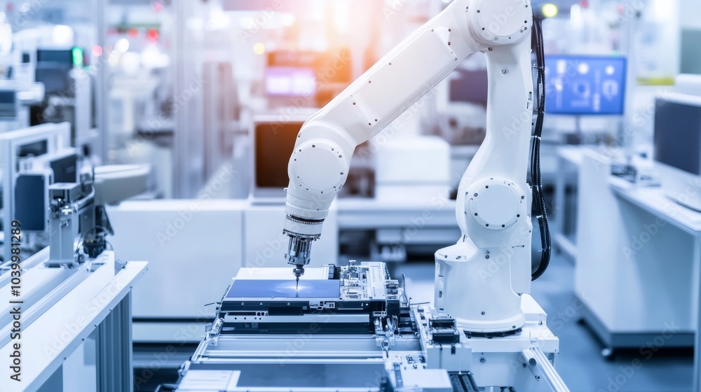 A robot assembling high-tech consumer electronics in a sleek, modern electronics factory, clean and orderly production environment A robot assembling high-tech consumer electronics in a sleek, modern electronics factory, clean and orderly production environment