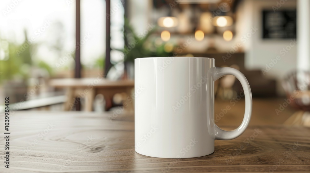 White coffee mug on table. A plain white coffee mug sits on a wooden table in a cafe setting. It's a perfect blank canvas for your designs or messages. White coffee mug on table. A plain white coffee mug sits on a wooden table in a cafe setting. It's a perfect blank canvas for your designs or messages.